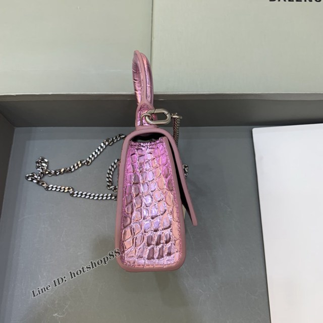 Balenciaga專櫃爆款手提女包 巴黎世家鱷魚紋星空粉mini Hourglass沙漏包 fyj1002